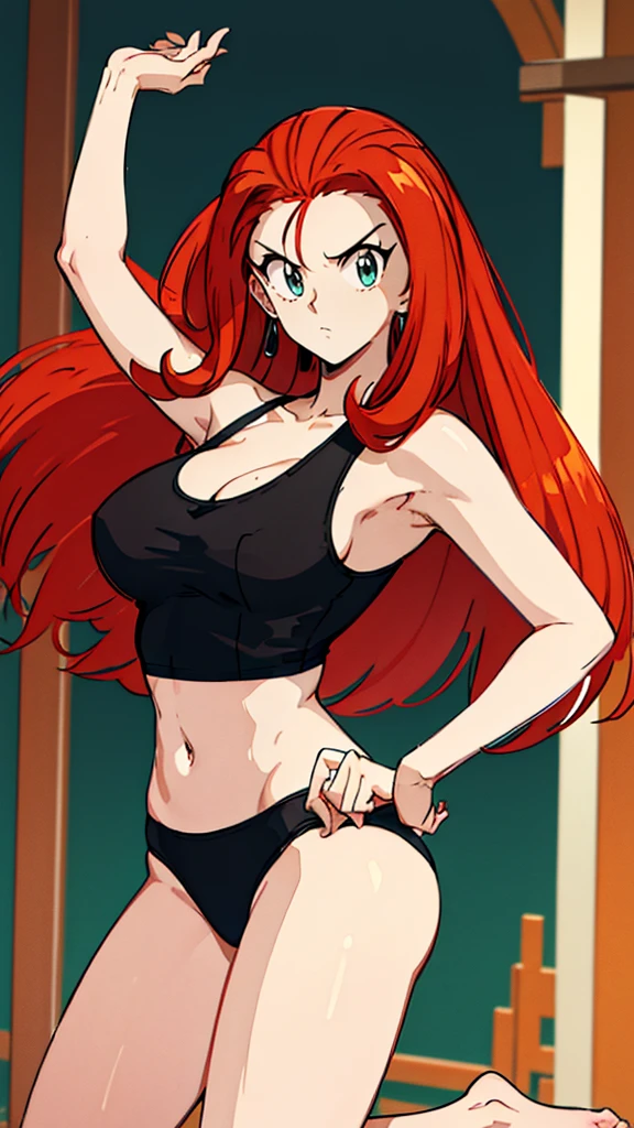 Masterpiece, best quality, Masterpiece, best quality, 1 woman, wavy red hair, sly face , black tank top, black , big breyour hands on your hips.... , Barefoot , convenience store