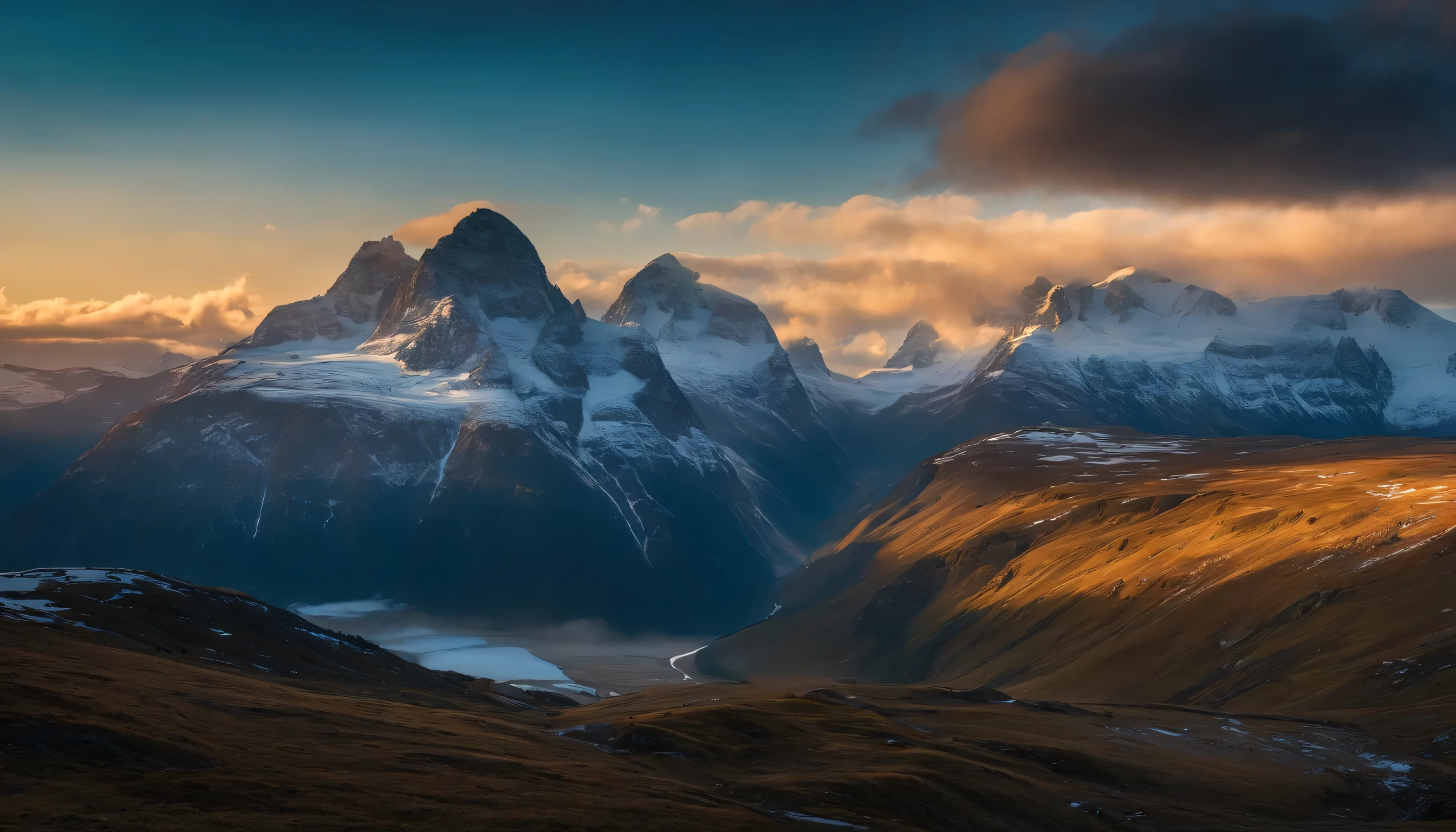 ((Masterpiece))，(Best quality))，Magnificent montain image，nordic，viking landscape，Huge space，drone shot of a landscape，Shining  sky，8K，super-fine，high quality