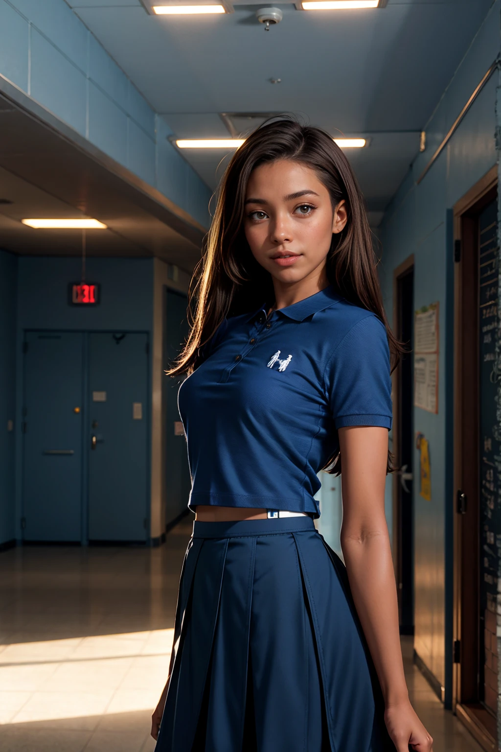 (Muscular:0.5), (thick thighs:0), (large round breasts:0), (large muscular chest and shoulders:0.5), FEMALE, brown hair, long brown hair, (big smile:0), (wearing a tight blue short sleeve Polo shirt and skirt:1.5), looking at viewer, (three quarter view:1.2), upper body view, (school hallway:1.5), dark lighting, detailed skin, detailed eyes, (dark skin:1.3), (huge round muscles:0.5),