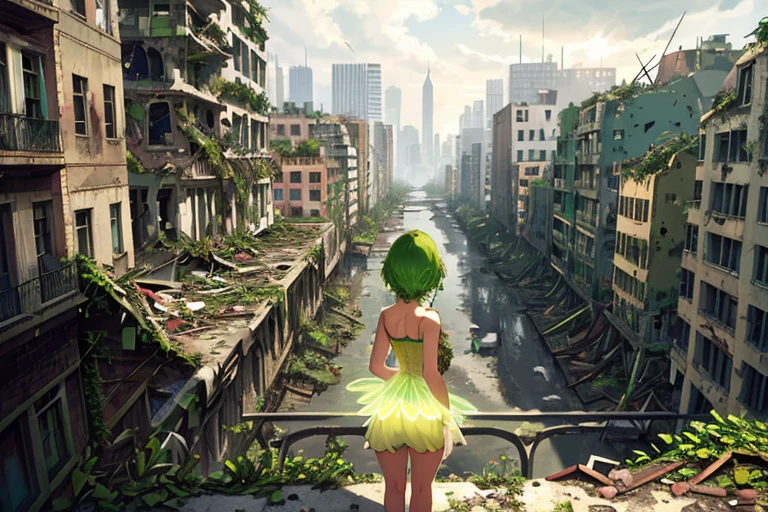 High resolution,high quality,(Perfect body),City overrun by plants,Building covered with plants,Ruined City,Collapsed building,Cracked road,A girl looking down on the city,Green Hair,Light yellow dress,Fairy wings on the back,Looking Away