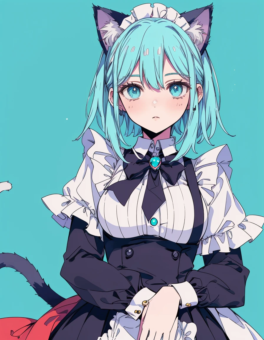 Alice in Wonderland, maid, ((masterpiece, best quality:1.5)), ((Beautiful detailed cat aqua eyes:1.2)), cat ears, pale skin, large breasts, beautiful hands, beautiful fingers, EasyNegative