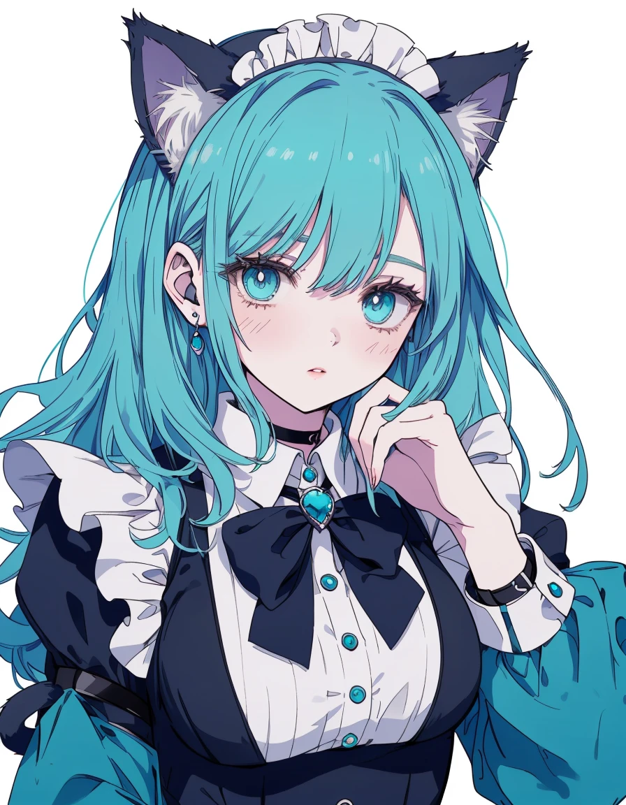 Alice in Wonderland, maid, ((masterpiece, best quality:1.5)), ((Beautiful detailed cat aqua eyes:1.2)), cat ears, pale skin, large breasts, beautiful hands, beautiful fingers, EasyNegative