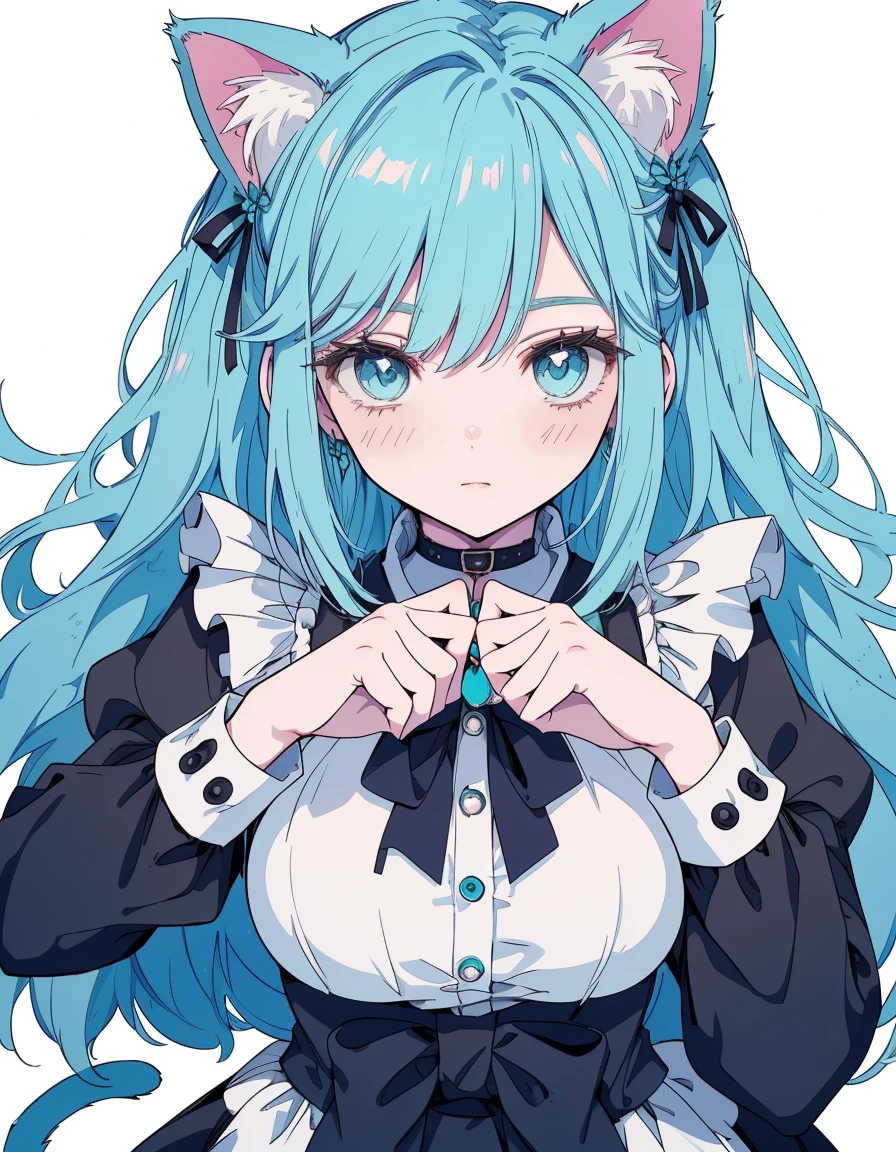 Alice in Wonderland, maid, ((masterpiece, best quality:1.5)), ((Beautiful detailed cat aqua eyes:1.2)), cat ears, pale skin, large breasts, beautiful hands, beautiful fingers, EasyNegative