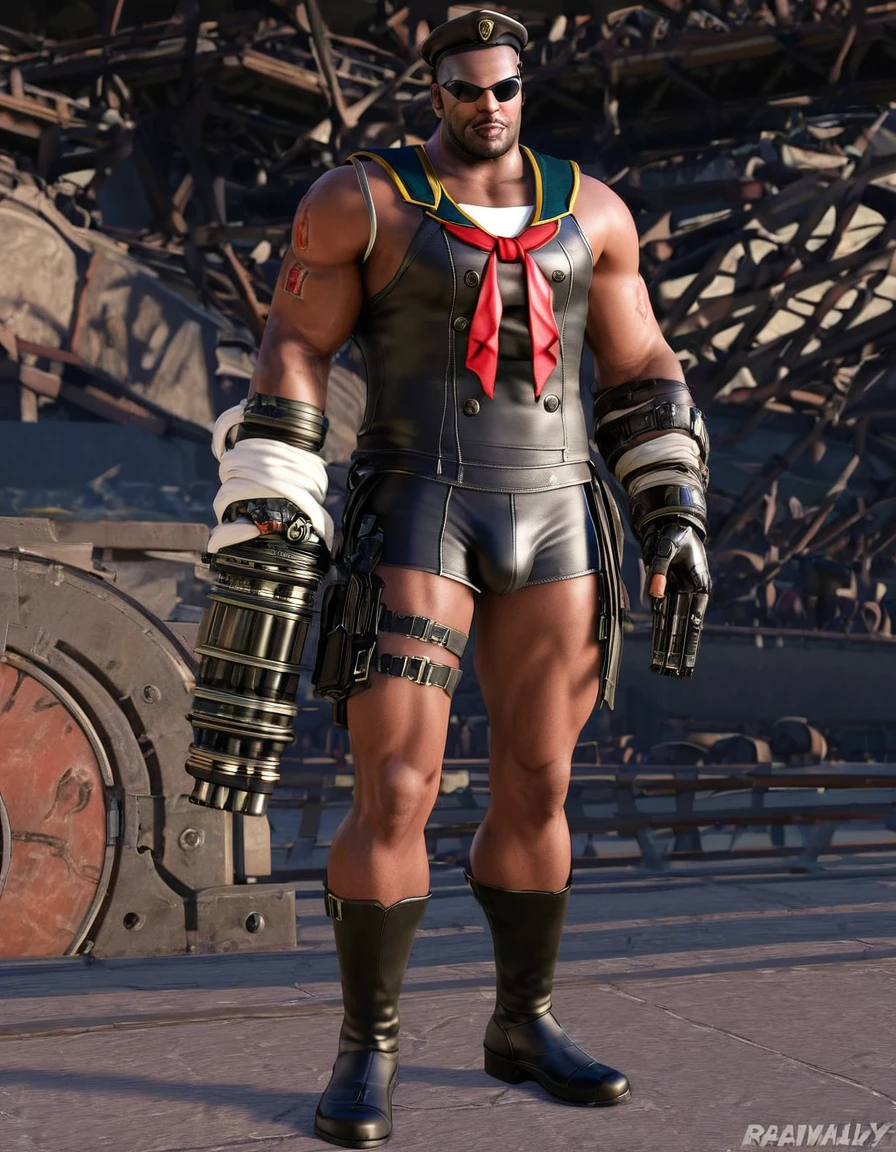 barret, dark skin male with gun arm and tattoo, sunglasses , ( top sailor ) , no pants , black leather briefs ,  full body , black boots  , bulge