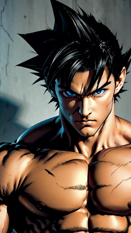 Son goku, a messy spiky black hairstyle, dark-colored eyes, and facial features, softer cute eyes, but an expression of determination on his face, a kind demeanor, and a lighter-pale skin, strong, defined muscles,  pale orange and dark blue clothing, Tough man, badass pose  