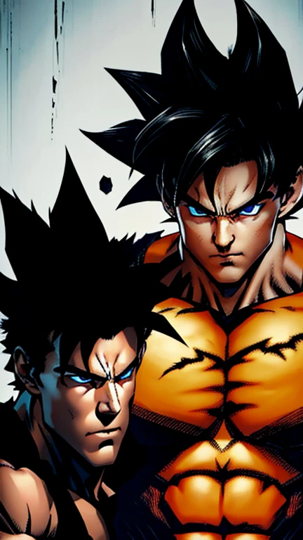 Son goku, a messy spiky black hairstyle, dark-colored eyes, and facial features, softer cute eyes, but an expression of determination on his face, a kind demeanor, and a lighter-pale skin, strong, defined muscles, pale orange and dark blue clothing, Tough man, badass pose