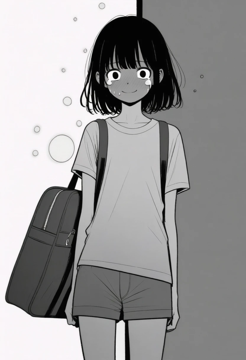 masterpiece, best quality, 1girl, mamerakkkkko, grayscale, manga style, japanese, chi no wadachi, black eyes, street, iced, black hair, schoolbag, smile, lineart, white background, white shirt, grey shorts, centered, 18 years old, tall, fair skinned, bokeh background, crying, tears, straight-on, tears streaming