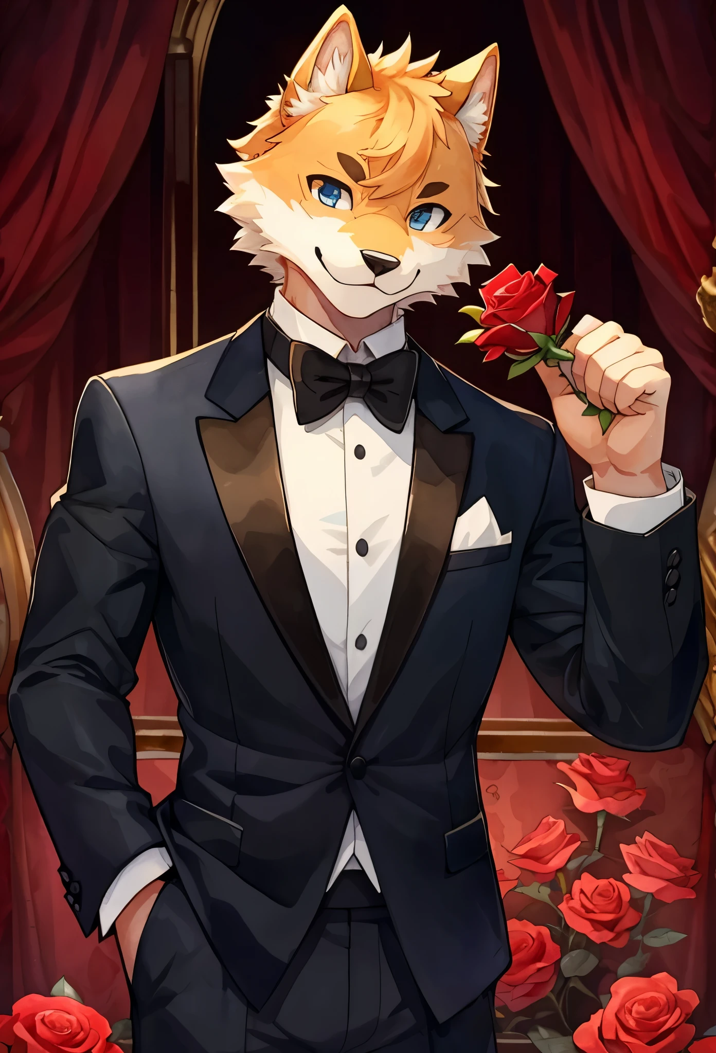 Watercolor elements, 1boy, kemono, furry, detailed body fur, animal face, animal hand, Handsome boy in tuxedo holding a red rose and looking at viewer,