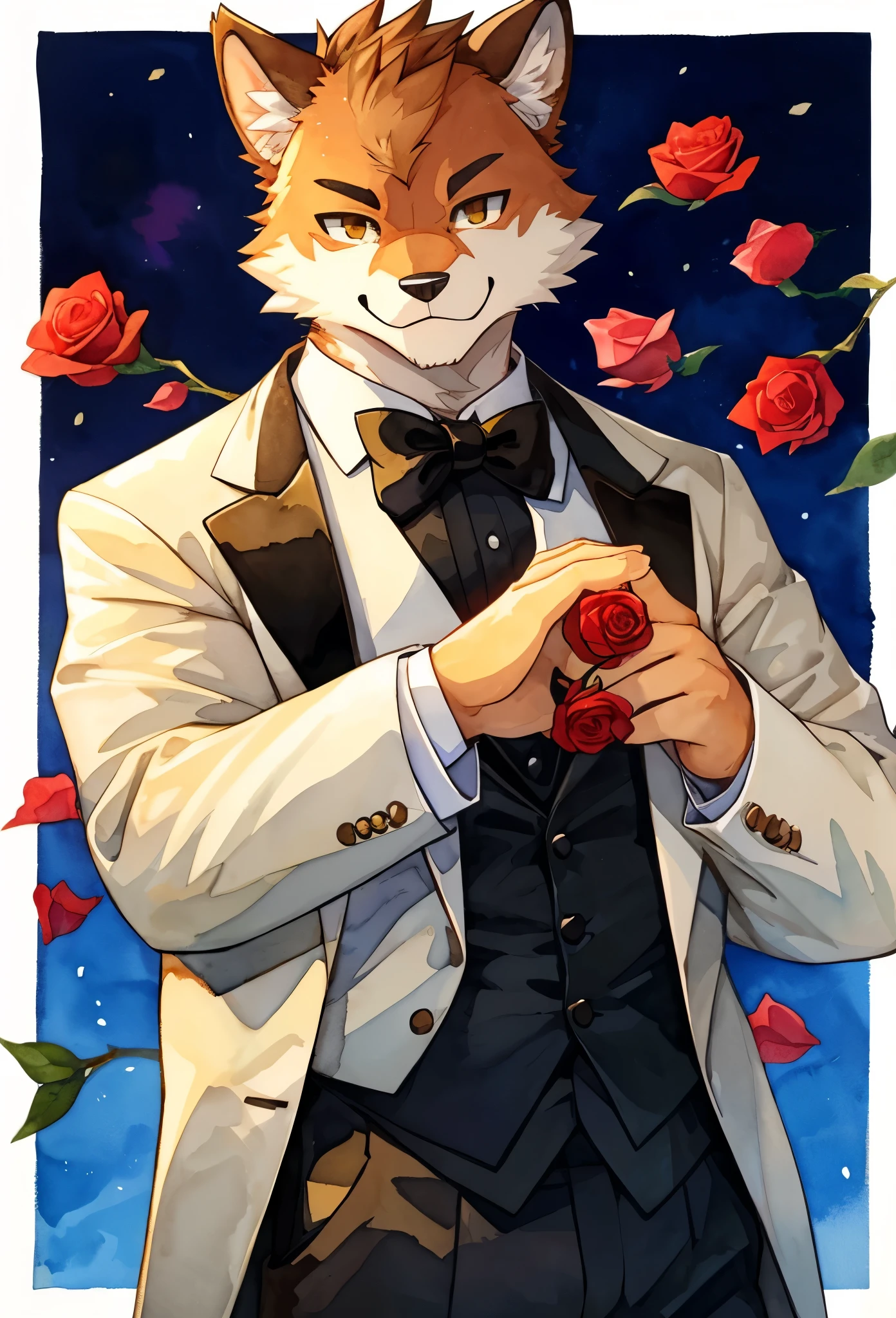 Watercolor elements, 1boy, kemono, furry, detailed body fur, animal face, animal hand, Handsome boy in tuxedo holding a red rose and looking at viewer,