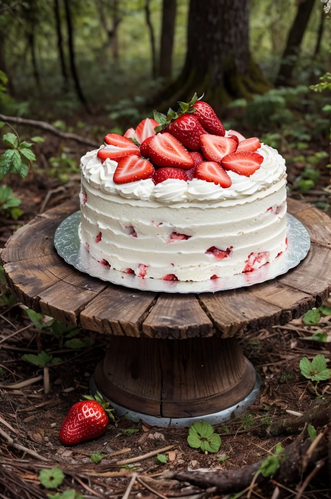 Strawberry cake in a desolate forest 