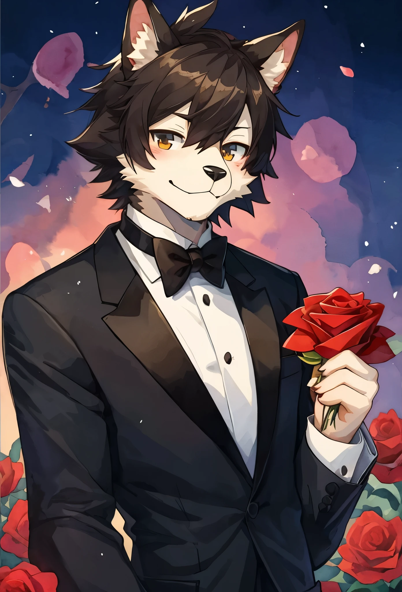 Watercolor elements, 1boy, kemono, furry, detailed body fur, animal face, animal hand, Handsome boy in tuxedo holding a red rose and looking at viewer,