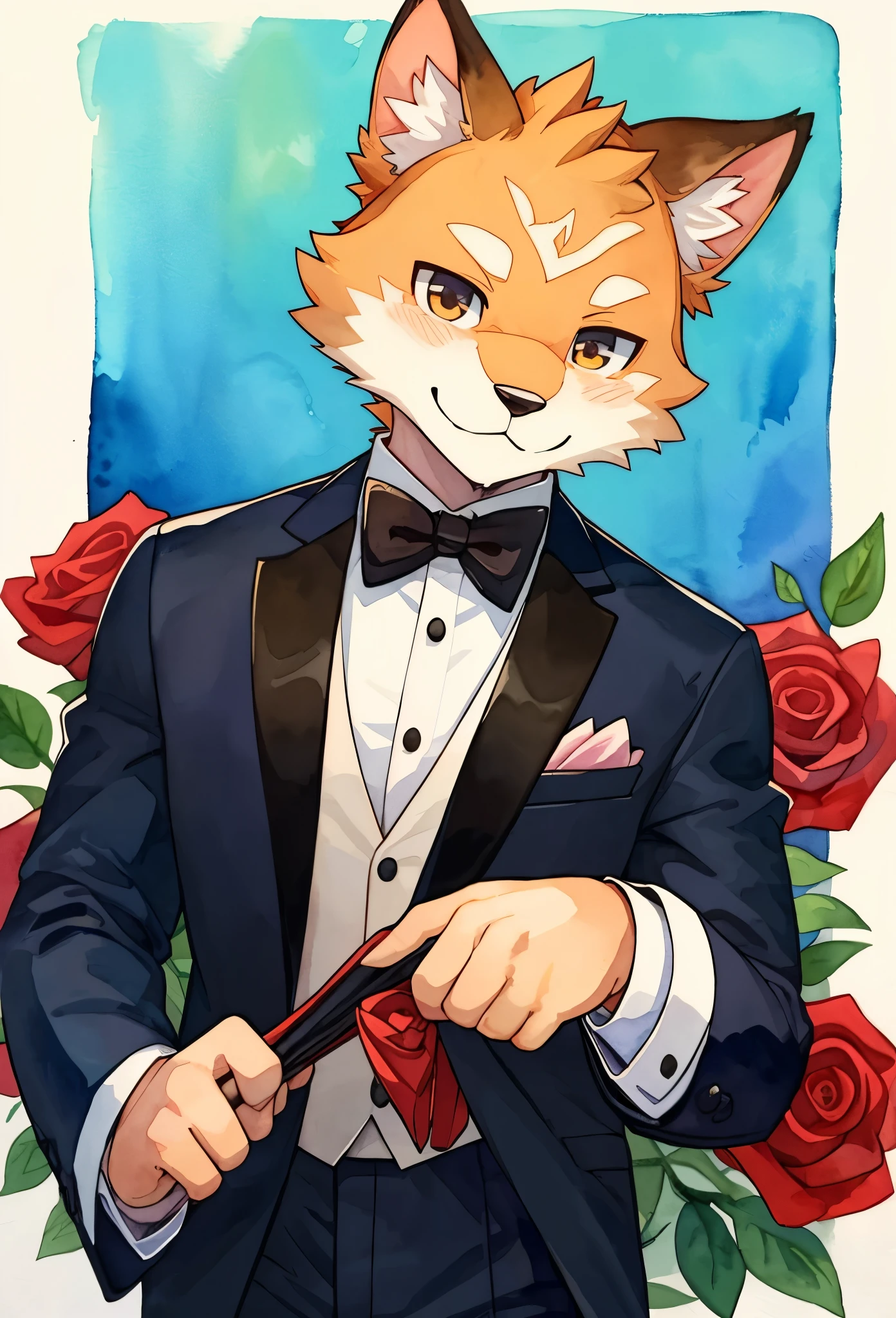 Watercolor elements, 1boy, kemono, furry, detailed body fur, animal face, animal hand, Handsome boy in tuxedo holding a red rose and looking at viewer,