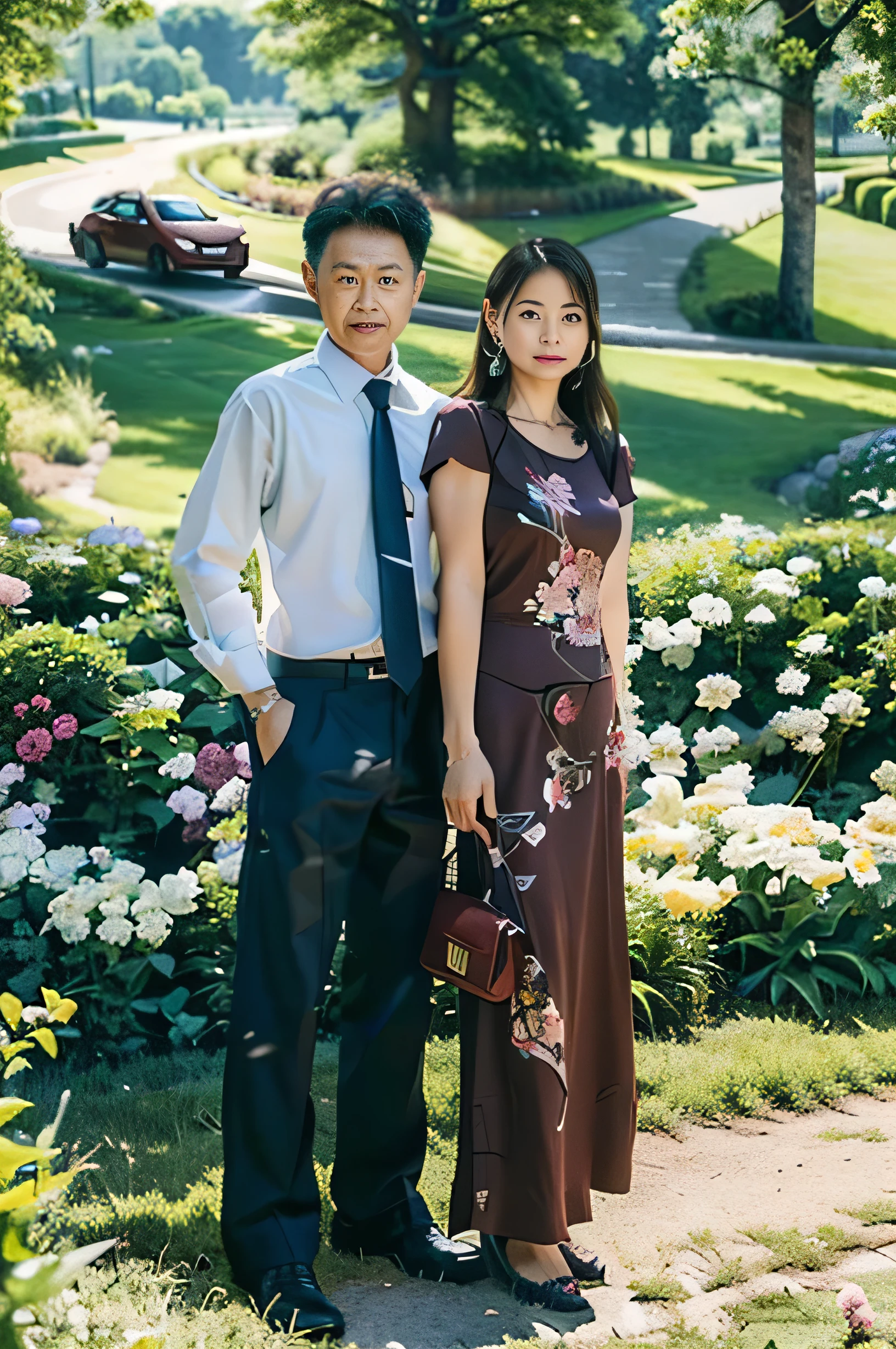 Highly realistic photo, ((masterpiece), (best quality), (raw photo), (photorealistic:1.4), This is a photo of a middle-aged couple posing together in front of a picturesque background. The man wore a white shirt with a dark tie and black pants, while the woman wore a maroon dress with floral decorations. She is holding a small handbag in her left hand. ((Standing on green grass)), the backdrop depicts a serene outdoor scene with greenery, trees, a car in the background and a garden with blooming flowers, creating an idyllic and romantic, photo taken by Sony A7IV
