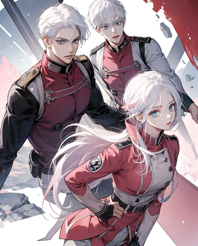 Couple 1 boy and 1 Girl Survey Corps Uniform, white hair with pink tips, blue eyes
