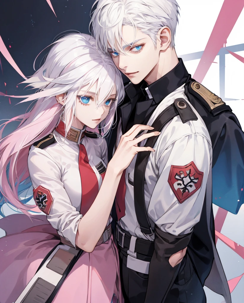 Couple 1 boy and 1 Girl Survey Corps Uniform, white hair with pink tips, blue eyes