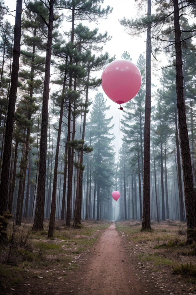 A pink balloon in a desolate forest