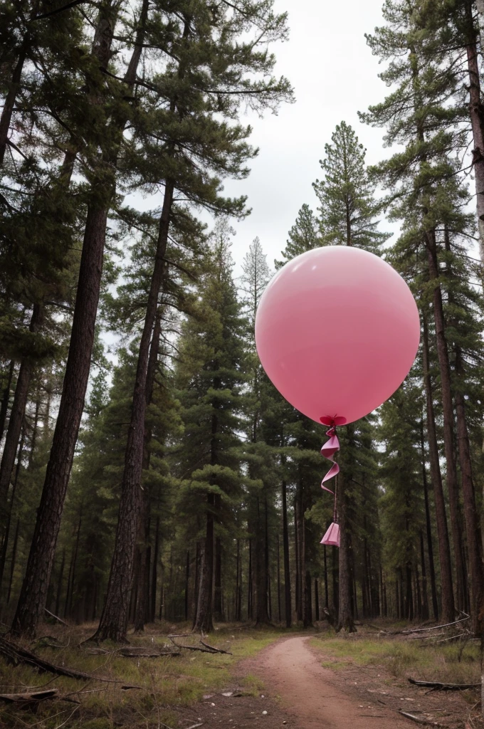 A pink balloon in a desolate forest 