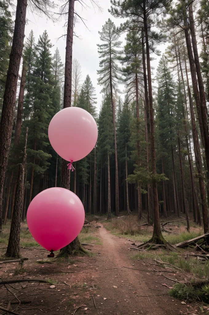 A pink balloon in a desolate forest