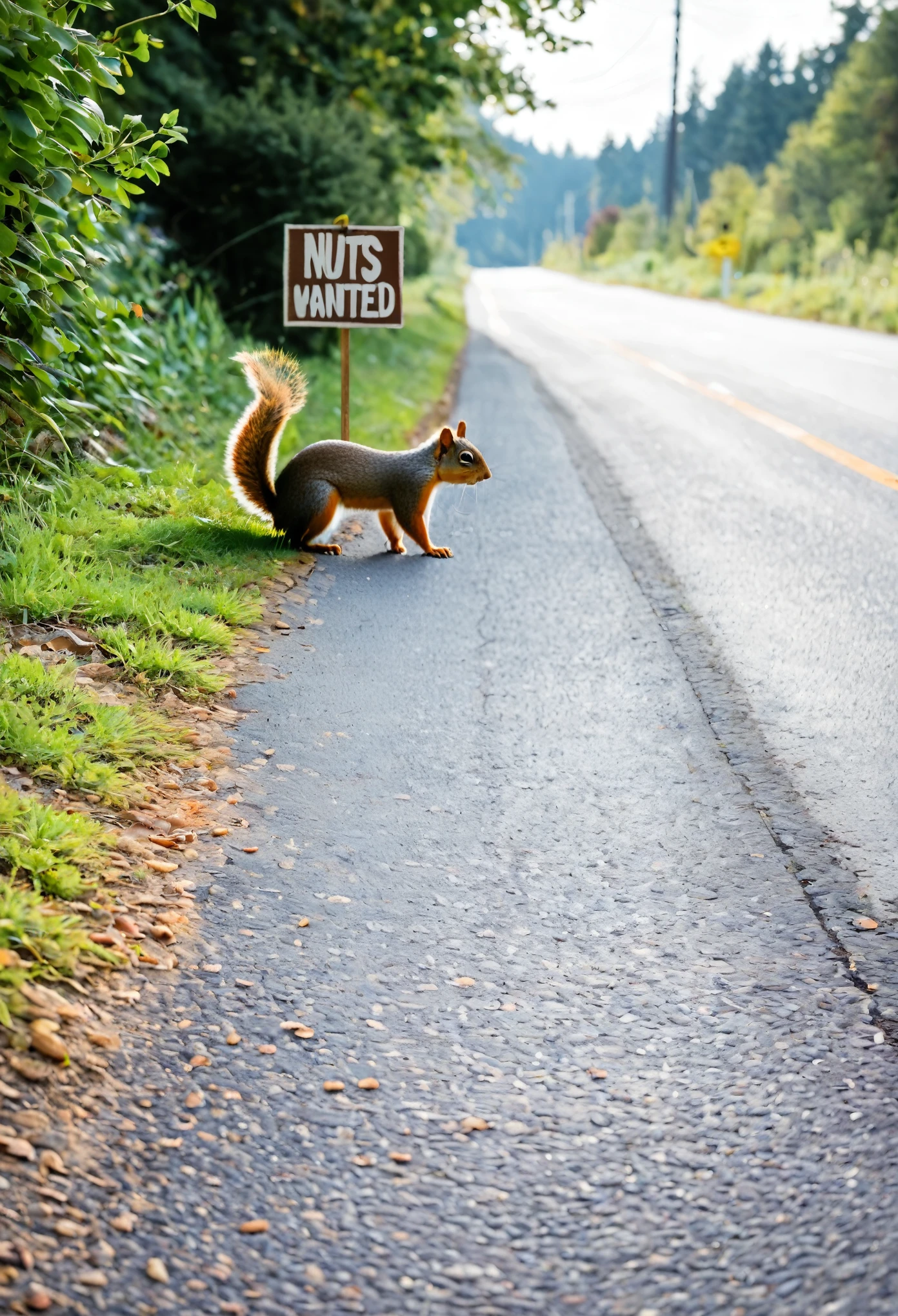 Sony A7, soft lighting. 

A squirrel standing on the side of the road with a sign that says "Nuts wanted"

soft watercolor.


