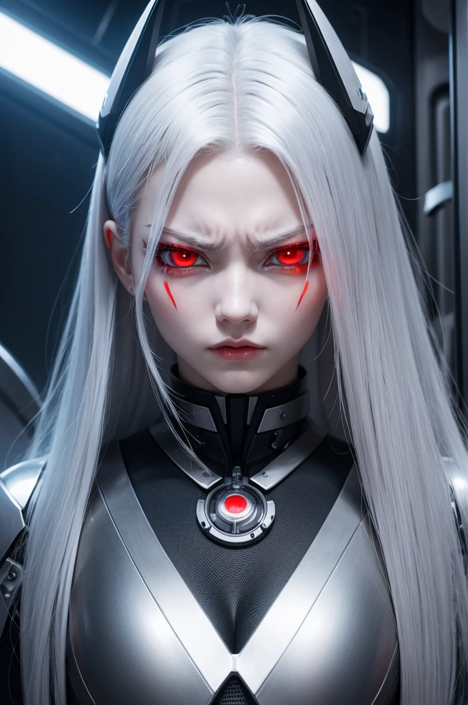 Human robot perfect face red eyes silver hair angry expression