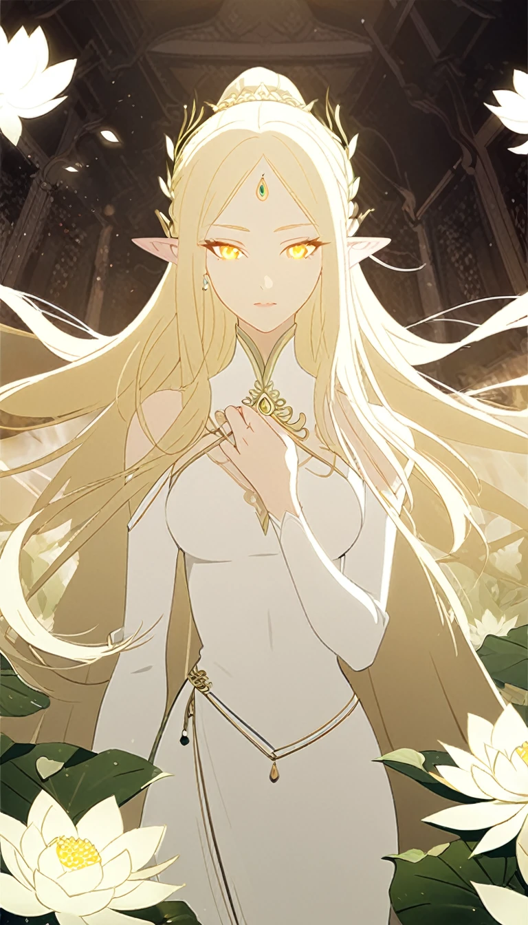1woman, elven ears, white god, light blonde hair, longest hairstyle, glowing yellow eyes, white lotus, white light princess, elegant thai dress,