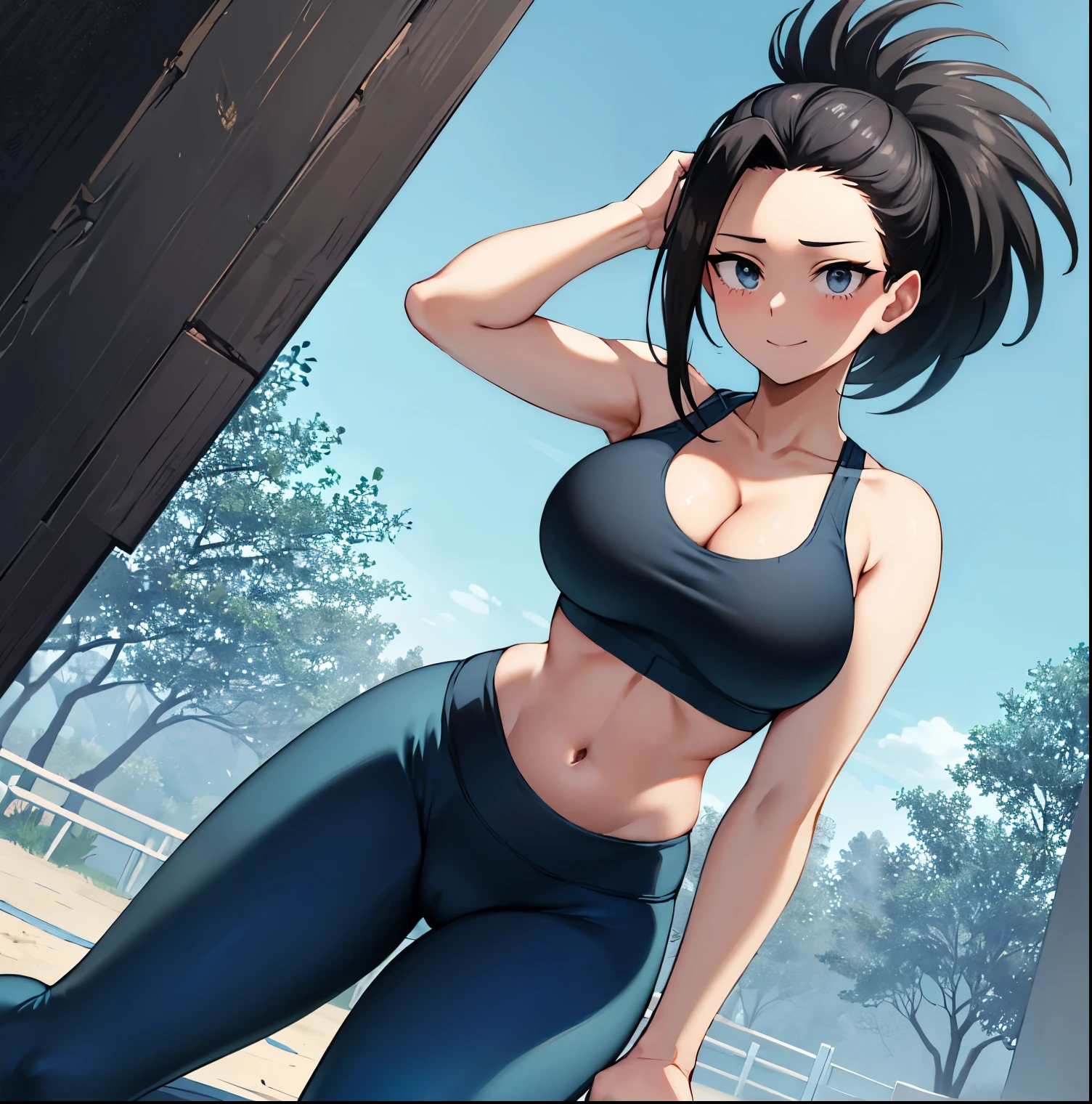 1girl,alone,momo yaoyorozu,masterpiece,best quality,high resolution,ultra detailed,detailed eyes,cowboy shot,dynamic posture,sharp focus,soft and smooth skin,seductive,smiling,closed mouth,looking at viewer,black hair , ponytail, hair tied back, black eyes, big breasts, medium waist, wide hips, wide thighs, round butt, long sleeves, sweat,(smoking body),((blue sports bra:1.3)) ,(( tight bra)),off shoulder, ((exposed navel:1.3)), single, ((white sneakers)), ((blue yoga pants:1.4)), ((cleavage1.4)),((tight pants) ), red heels, smile, standing, straight, arms up, (arms behind head), sweat, steaming body, outdoors, Japanese park, cherry trees, looking forward, ((focus on breasts) )pov (from the middle), perfect anatomy, perfect hands