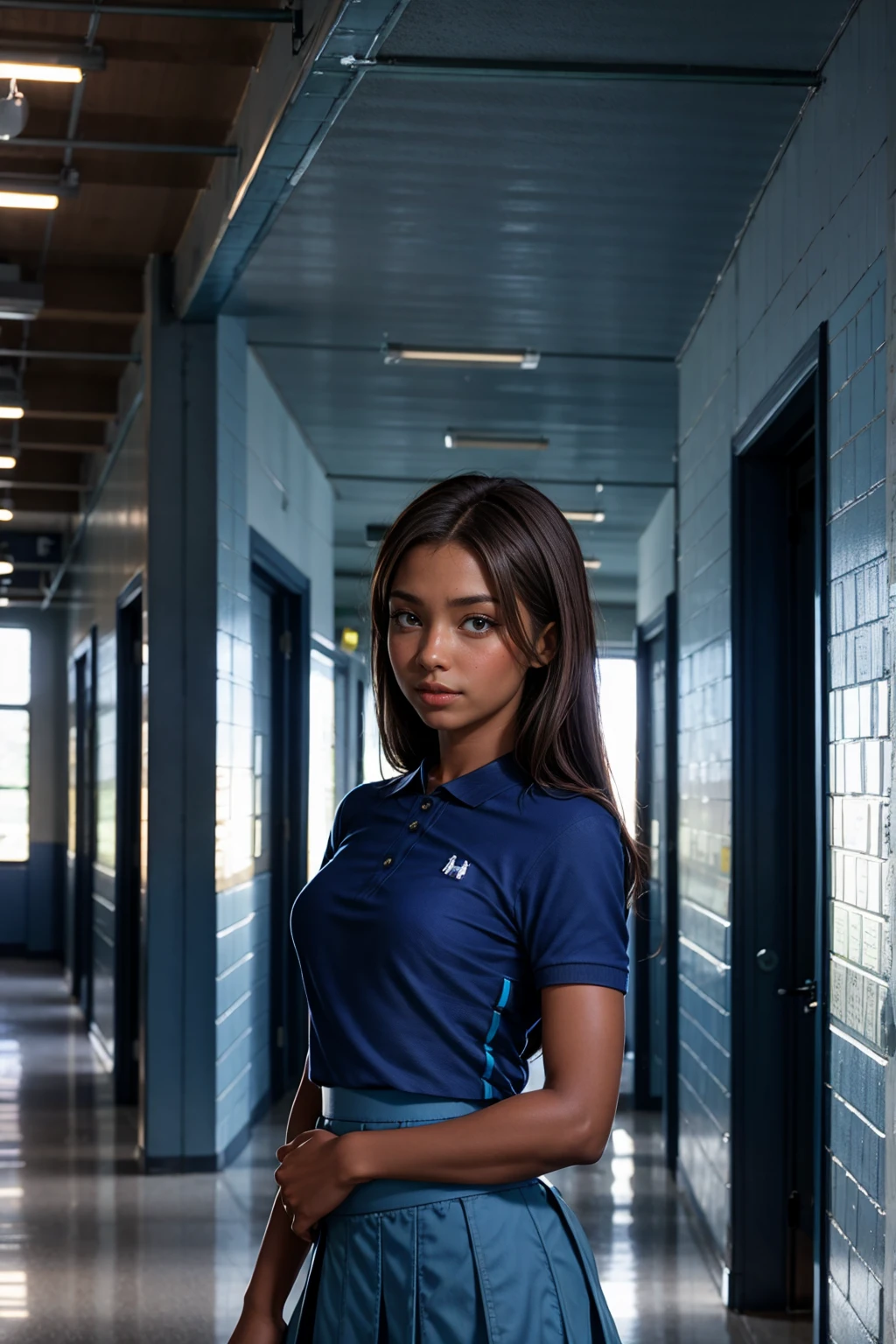 (Muscular:0.5), (thick thighs:0), (large round breasts:0), (large muscular chest and shoulders:0.5), FEMALE, brown hair, long brown hair, (big smile:0), (wearing a tight blue short sleeve Polo shirt and skirt:1.5), looking at viewer, (three quarter view:1.2), upper body view, (school hallway:1.5), dark lighting, detailed skin, detailed eyes, (dark skin:1.3), (huge round muscles:0.5),
