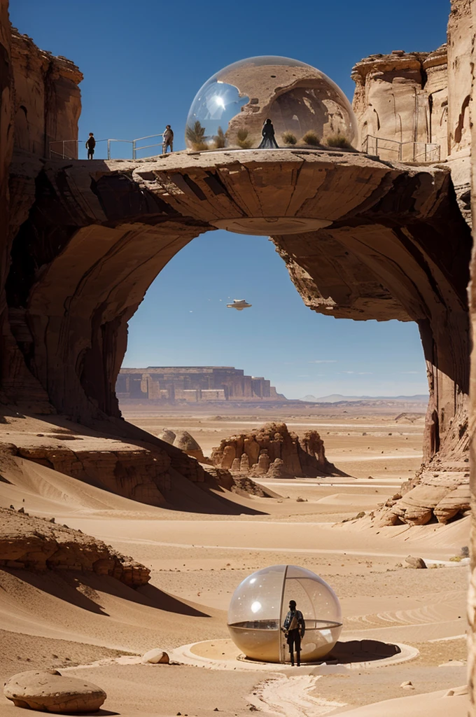 a futuristic desert scene with a beautiful scientist standing on the rock amidst an arid landscape, gazing towards distant rock formations under a vast sky. A high-tech spaceship hovers above, suggesting advanced surveillance or exploration. Transparent big spherical structures in the foreground hint at innovative habitats or facilities. adding an element of mystery.