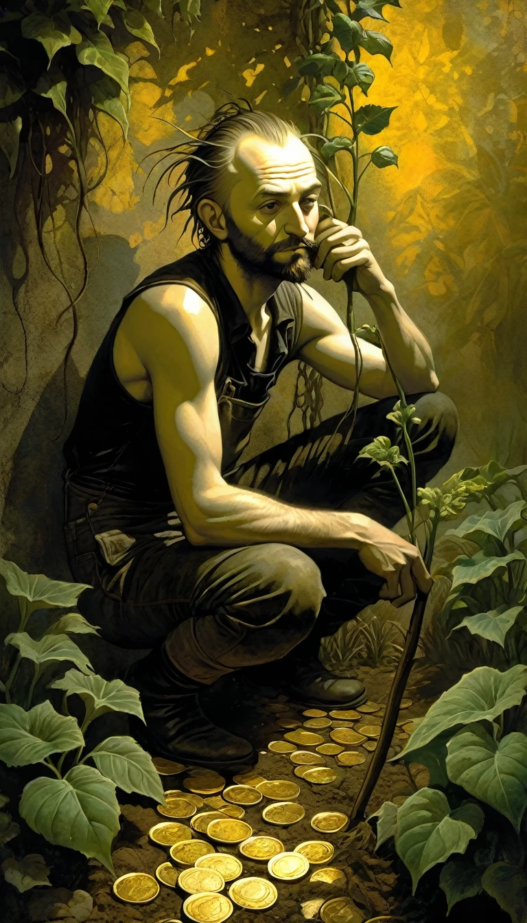 a farmer leaning on his hoe, 7 gold coins growing from a leafy plant, dave mckean inspired art, intricate details, oil painting, hyperrealistic, extremely detailed, masterpiece, cinematic lighting, dramatic atmosphere, vivid colors, chiaroscuro, gothic, dark fantasy, award winning digital art