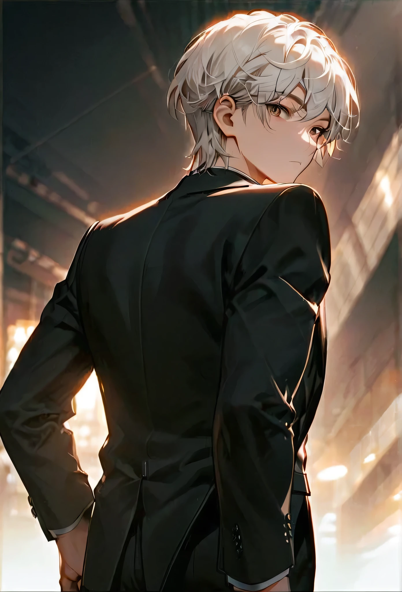 Half body portrait of a young man short Smoky white hair, brown eyes, wears an all black suit. Stand and look back. Look back. Half-body image. Look back. ยืนอยู่บนดาดฟ้า