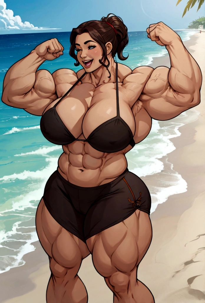 huge mom woman with muscles  huge sixpack sings happy on beach