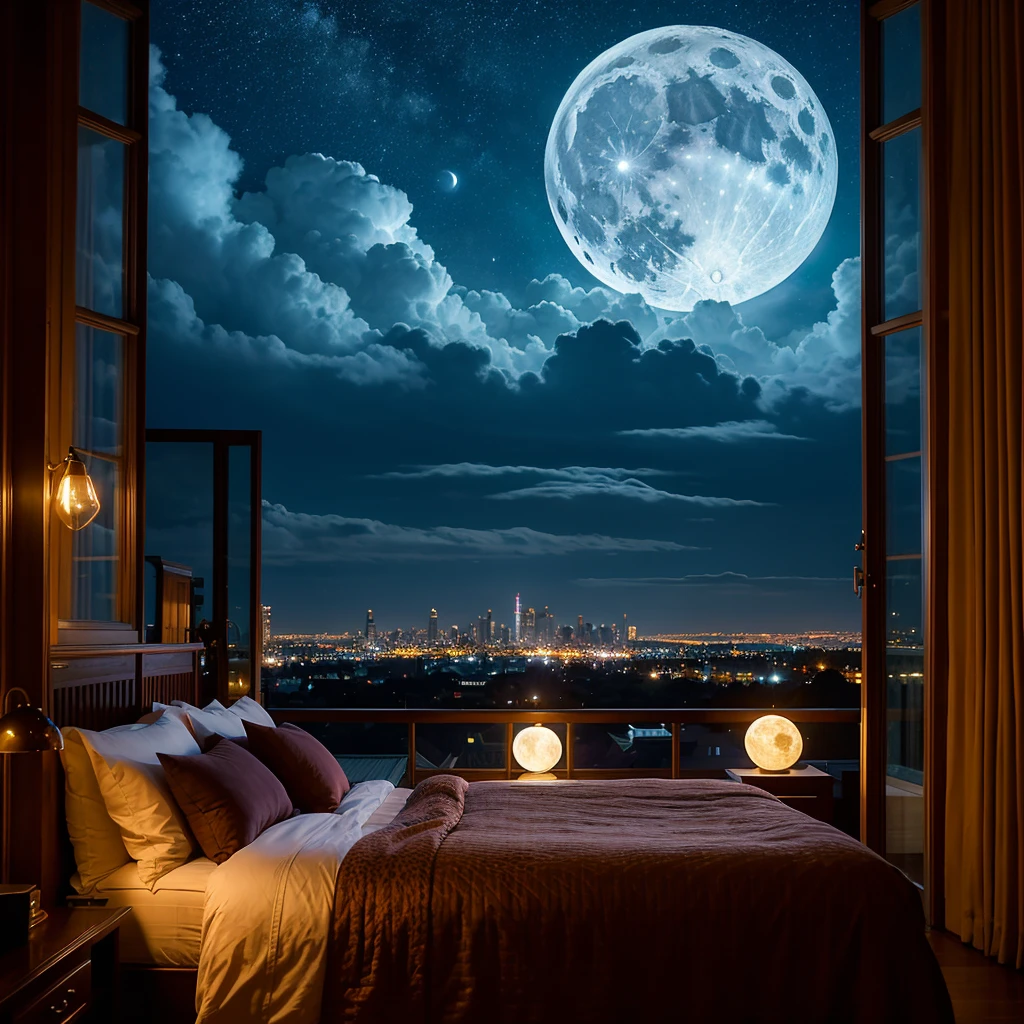 Room with a bed, a large window in its bedroom, beautiful moonlit night, intricate city details, like a movie background, 8k, top quality, masterpiece, sky with clouds and stars. A large moon in the background, a cinematic moonlit night with a stream flowing in that city, mysterious and cinematic.