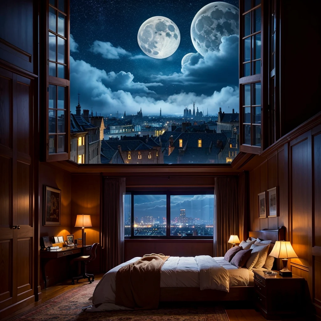Room with a bed, a large window in its bedroom, beautiful moonlit night, intricate city details, like a movie background, 8k, top quality, masterpiece, sky with clouds and stars. A large moon in the background, a cinematic moonlit night with a stream flowing in that city, mysterious and cinematic.