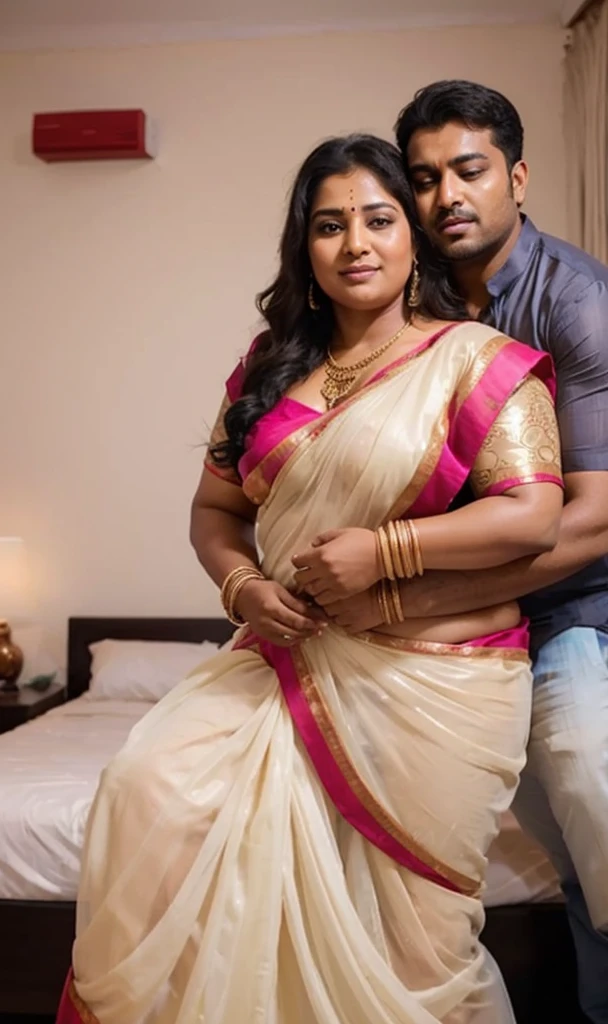 A radiant, full-figured South Indian 45 year old bride ( surrounded by a group of men)wearing a transparent cream colour silky saree standing in a living room, , captured in a full-body image with vibrant hues and meticulous details. Full body image