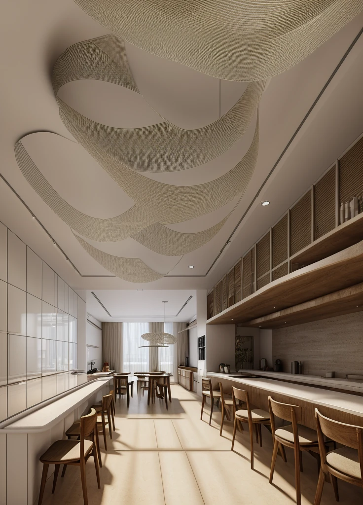restaurant design, indoor, shimering light:1.3, Super sharp like photos taken with a professional camera, (Masterpiece,best quality,8k uhd,dslr,soft lighting,high quality,hyper detail,film grain,Fujifilm XT3, UE 5 render 8k, super high resolution, supper detail:1.2), color block wall decor, abtract poster decor, glossy floor, (((volumetric light))), Sharp focus bokeh:1.3