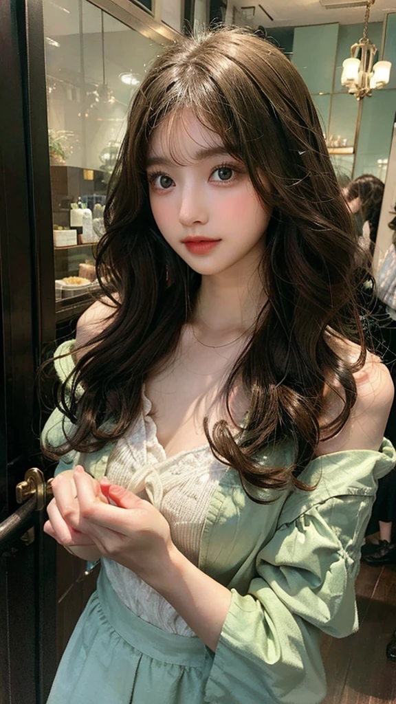 Girl curly hair thin nose fair skin green eyes brown hair