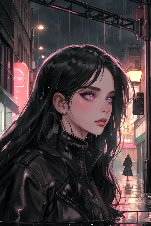 4k, 8k, masterpiece, highest quality, upper body portrait, 1 girl, city, night, rain, london, beautiful detailed eyes, beautiful detailed lips, extremely detailed face, long eyelashes, cinematic lighting, moody atmosphere, dramatic lighting, raining city street, wet pavement, puddles, neon lights, cyberpunk, neon cityscape