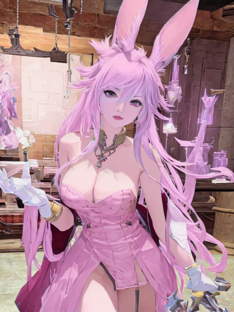 There is a woman with pink hair and bunny ears standing in a room, final fantasy style 14, final fantasy 14 sharp, neferpitou, Final Fantasy XIV, Final Fantasy 1 4 screenshot, She is in the potions workshop, wearing cyber bunny ears, ffxiv, close-up portrait of an artificer, Final Fantasy 1 4, tiflin hermosa con su traje de caballera negra sosteniendo una espada en un lobby del juego y pose de guerrera