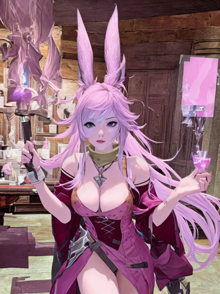 There is a woman with pink hair and bunny ears standing in a room, final fantasy style 14, final fantasy 14 sharp, neferpitou, Final Fantasy XIV, Final Fantasy 1 4 screenshot, She is in the potions workshop, wearing cyber bunny ears, ffxiv, close-up portrait of an artificer, Final Fantasy 1 4, tiflin hermosa con su traje de caballera negra sosteniendo una espada en un lobby del juego y pose de guerrera