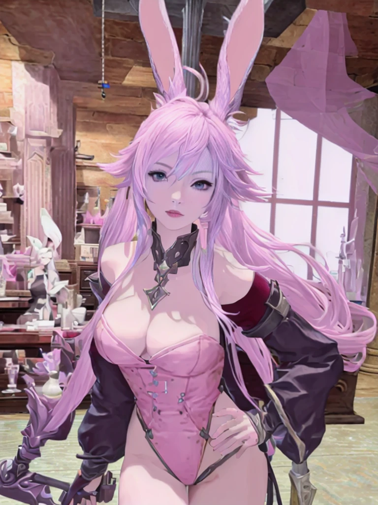 There is a woman with pink hair and bunny ears standing in a room, final fantasy style 14, final fantasy 14 sharp, neferpitou, Final Fantasy XIV, Final Fantasy 1 4 screenshot, She is in the potions workshop, wearing cyber bunny ears, ffxiv, close-up portrait of an artificer, Final Fantasy 1 4, tiflin hermosa con su traje de caballera negra sosteniendo una espada en un lobby del juego y pose de guerrera