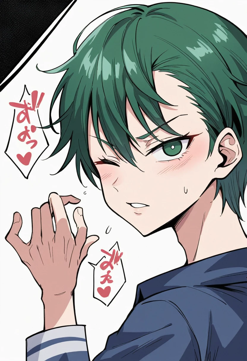 A young anime boy character with short, dark hair smiles brightly, their eyes closed, with a triumphant expression. They are wearing a black and gold sports jersey with a red stripe. The background is a vibrant red with manga-style speech bubbles and lines.  [Style: Anime, manga, vibrant colors, dynamic lines. Reference:  "One Punch Man" by ONE]