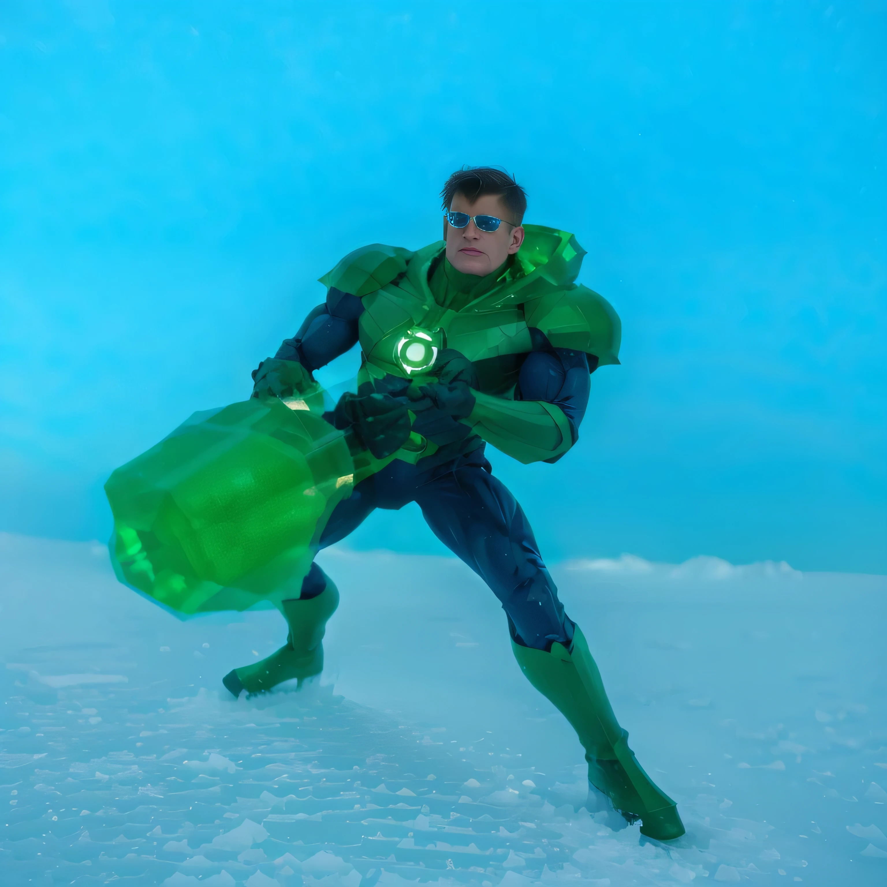 A laboratory in the near future. Superman, naked and in his underwear, is lying unconscious in a vertical transparent tube. He has green slime poured over his head and is unconscious. He is naked and hairy, and his tiny underwear is bulging.