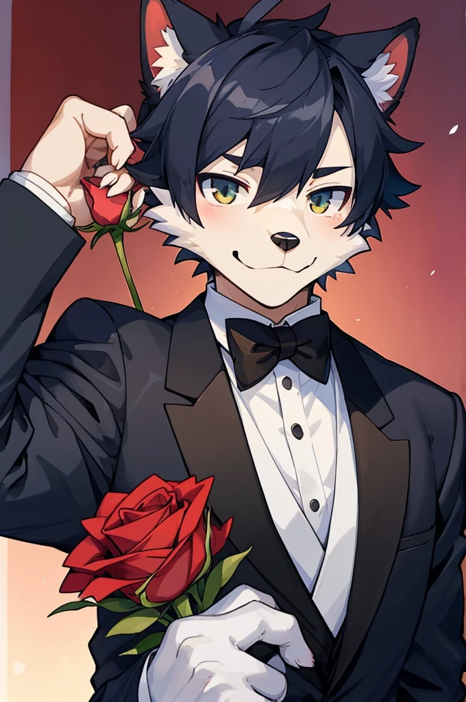 Watercolor elements, 1boy, kemono, furry, detailed body fur, animal face, animal hand, Handsome boy in tuxedo holding a red rose and looking at viewer,