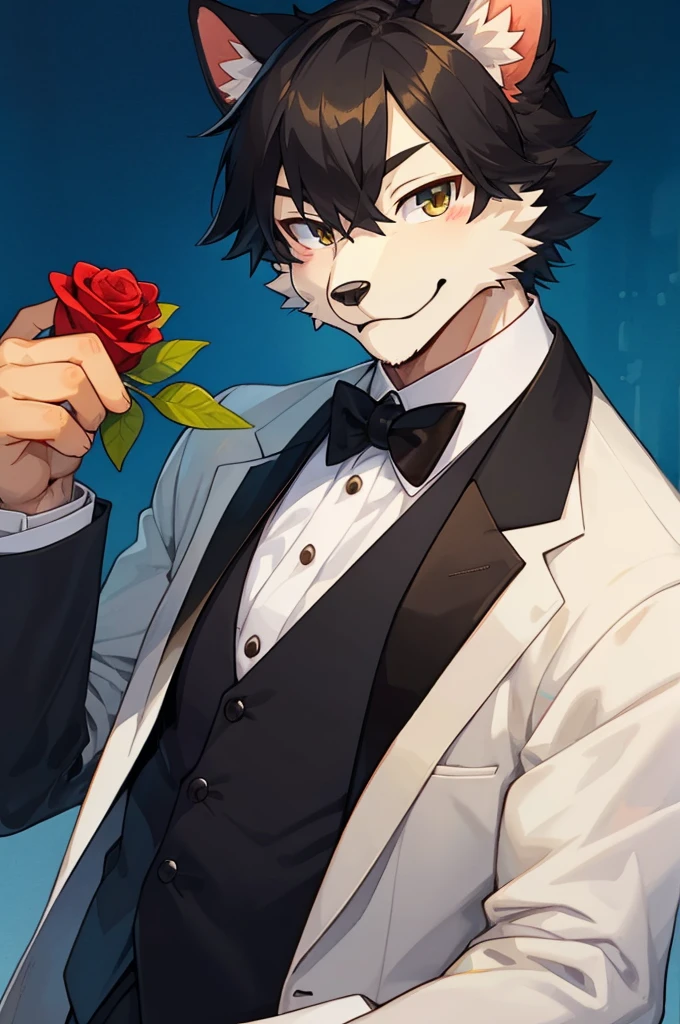 Watercolor elements, 1boy, kemono, furry, detailed body fur, animal face, animal hand, Handsome boy in tuxedo holding a red rose and looking at viewer,