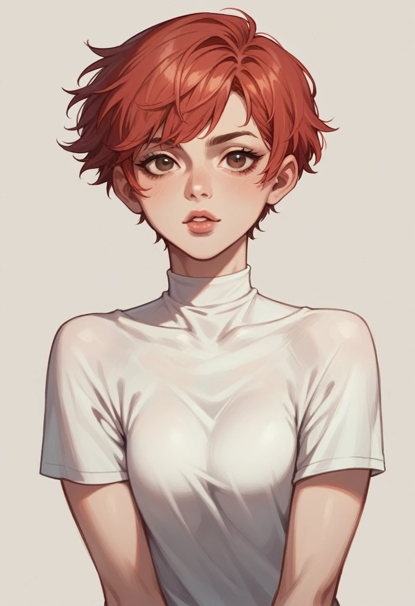 create anime with short hair, sweet and brown look, well-shaped lips, short red hair with Brazilian features, white skin