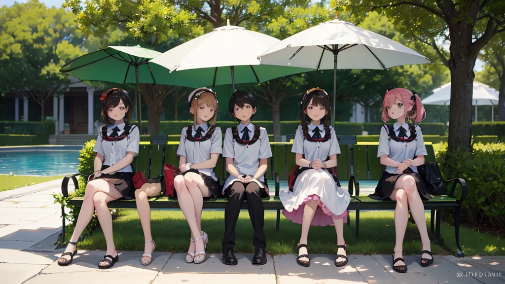 The quintuplets sitting under the shade of a tree 