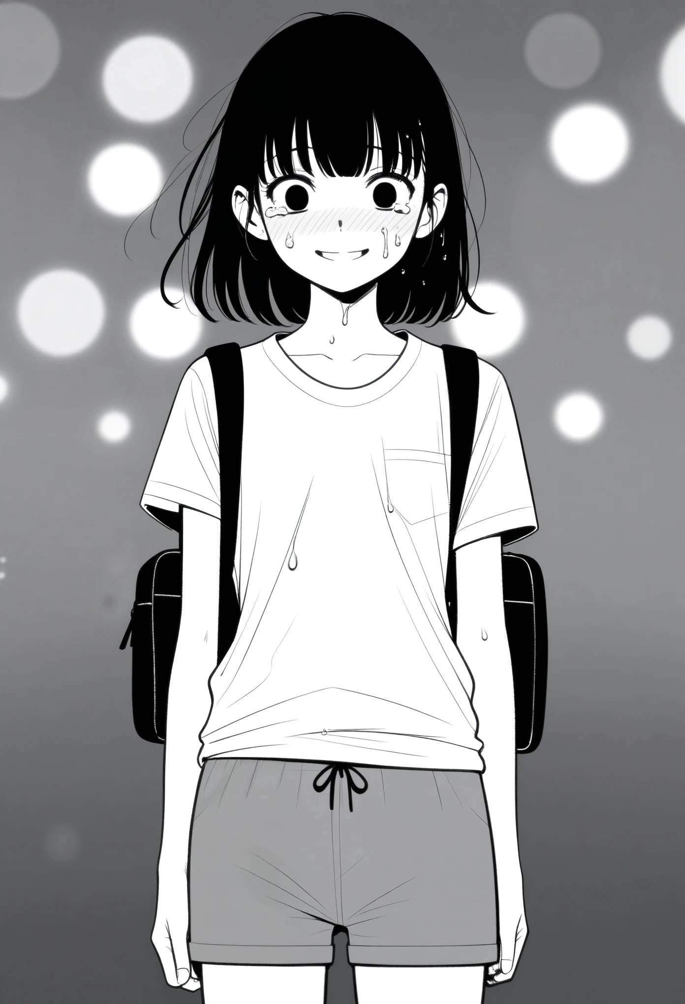 masterpiece, best quality, 1girl, mamerakkkkko, grayscale, manga style, japanese, chi no wadachi, black eyes, street, iced, black hair, schoolbag, smile, lineart, white background, white shirt, grey shorts, centered, 18 years old, tall, fair skinned, bokeh background, crying, tears, straight-on, tears streaming