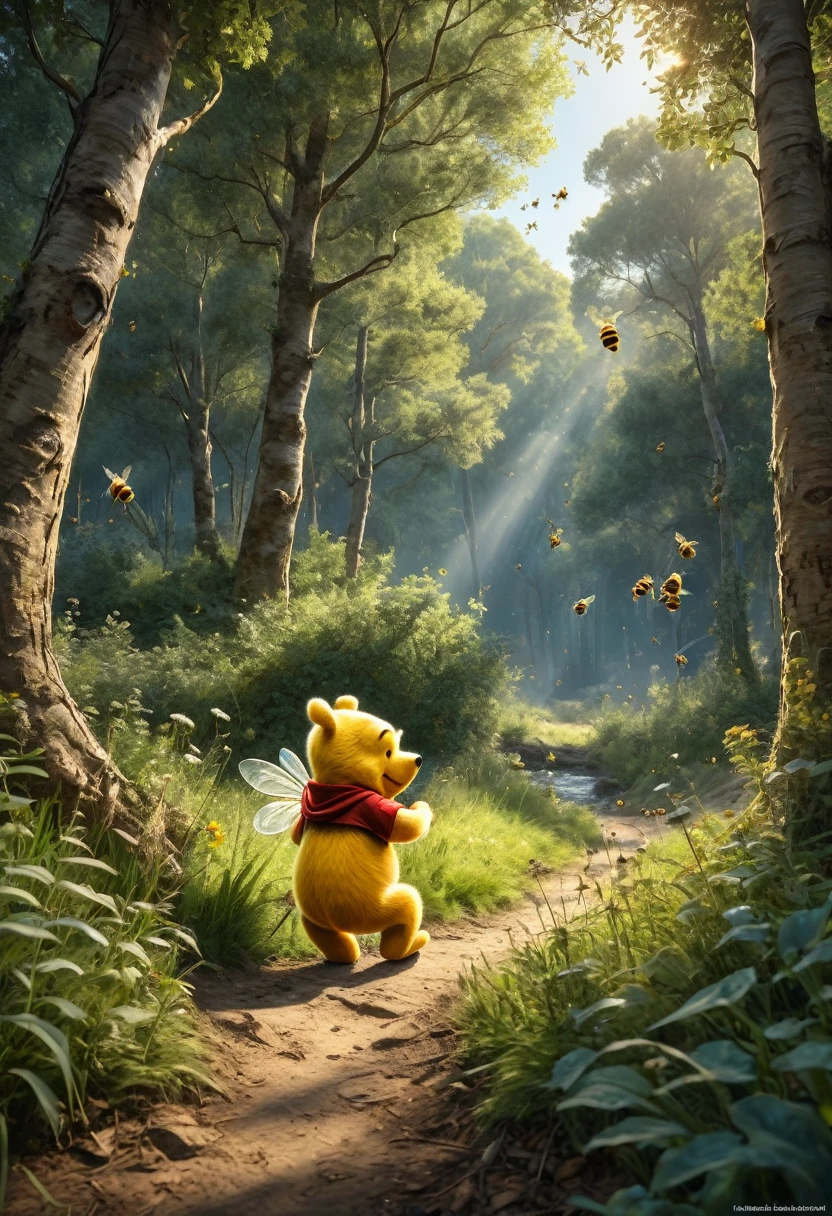 Watercolor painting HDR photo of Hyperrealistic art masterpiece of Winnie The Pooh playng with bees, in a forest clearing, early evening, The Pooh has highly textured fur . Extremely high-resolution details, photographic, realism pushed to extreme, fine texture, incredibly lifelike . High dynamic range, vivid, rich details, clear shadows and highlights, realistic, intense, enhanced contrast, highly detailed, 3D render, ((hyper realism)), sharp focus, cinematic lighting, photo realistic, hyper realistic. 4k, natural, global illumination, caustics, ratytracing, Unreal Engine, highly detailed, trending on Artstation . Vibrant, beautiful, painterly, detailed, textural, artistic