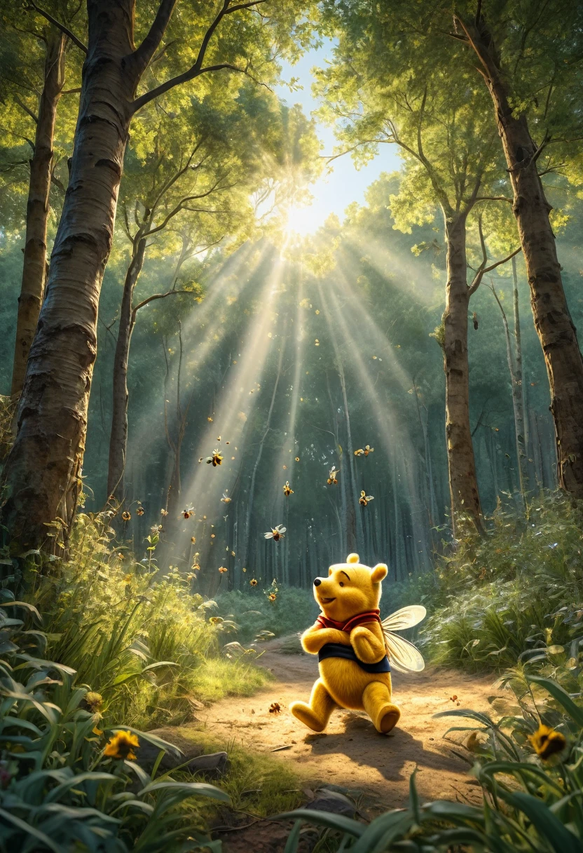 Watercolor painting HDR photo of Hyperrealistic art masterpiece of Winnie The Pooh playng with bees, in a forest clearing, early evening, The Pooh has highly textured fur . Extremely high-resolution details, photographic, realism pushed to extreme, fine texture, incredibly lifelike . High dynamic range, vivid, rich details, clear shadows and highlights, realistic, intense, enhanced contrast, highly detailed, 3D render, ((hyper realism)), sharp focus, cinematic lighting, photo realistic, hyper realistic. 4k, natural, global illumination, caustics, ratytracing, Unreal Engine, highly detailed, trending on Artstation . Vibrant, beautiful, painterly, detailed, textural, artistic