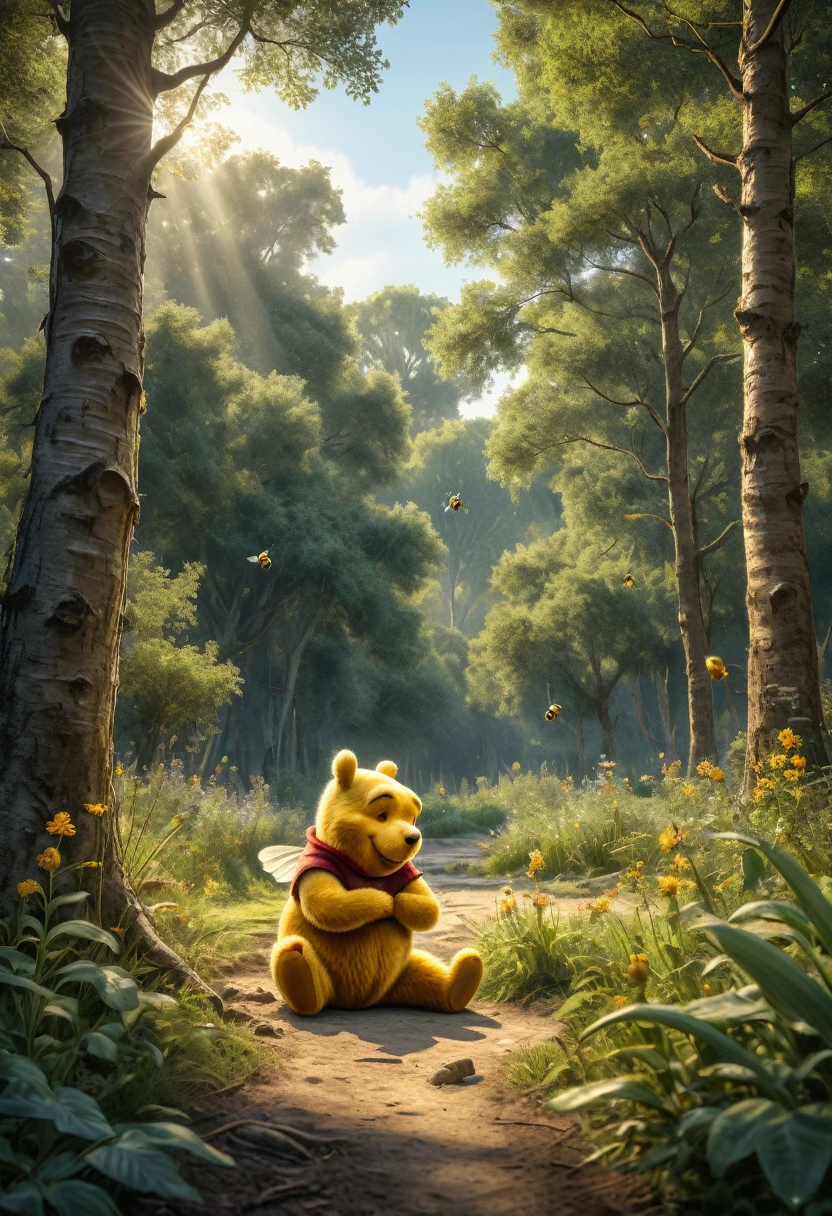Watercolor painting HDR photo of Hyperrealistic art masterpiece of Winnie The Pooh playng with bees, in a forest clearing, early evening, The Pooh has highly textured fur . Extremely high-resolution details, photographic, realism pushed to extreme, fine texture, incredibly lifelike . High dynamic range, vivid, rich details, clear shadows and highlights, realistic, intense, enhanced contrast, highly detailed, 3D render, ((hyper realism)), sharp focus, cinematic lighting, photo realistic, hyper realistic. 4k, natural, global illumination, caustics, ratytracing, Unreal Engine, highly detailed, trending on Artstation . Vibrant, beautiful, painterly, detailed, textural, artistic
